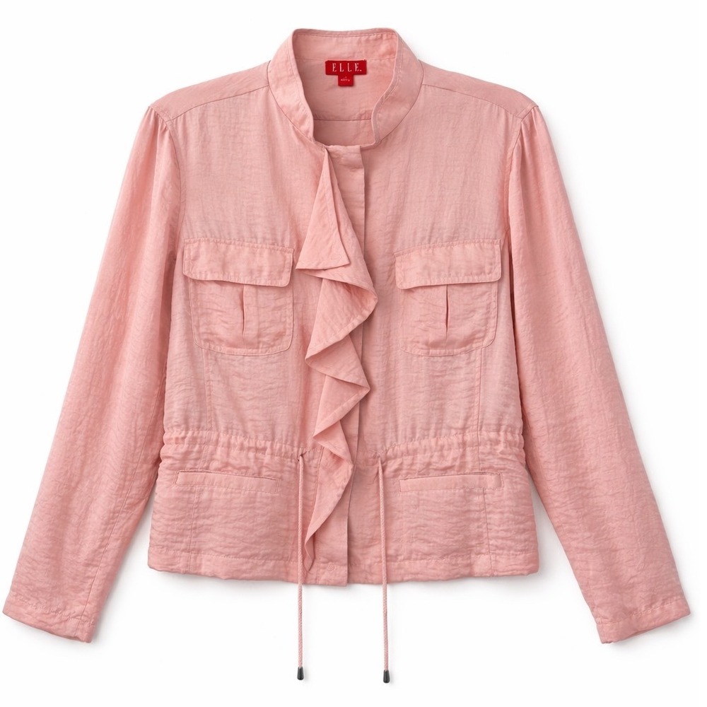 Elle‎ Womens Pink Ruffle Front Utility Jacket Drawstring Waist Size L
